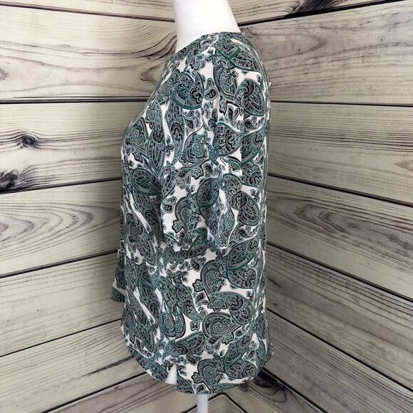 H&M White and Green Paisley Patterned Short Sleeve Shirt Size 2 - Picture 3 of 7
